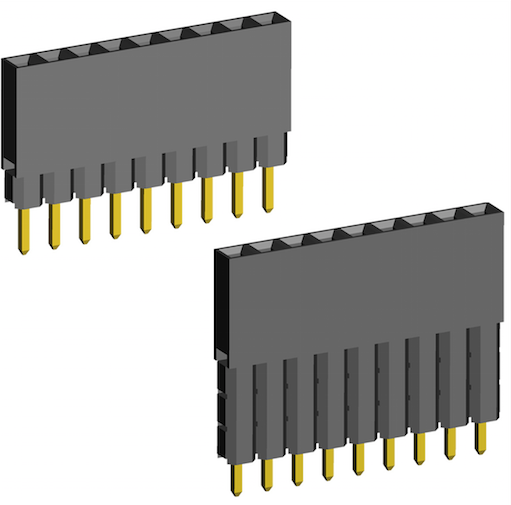 2.54mm Socket Single Row Two Sides Contact Dual Body Elevated Straight Dip Type.